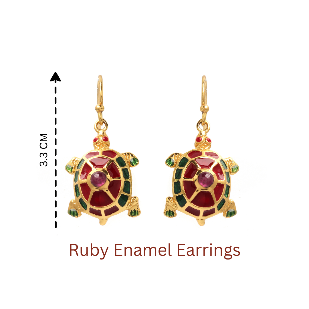 Elegant ruby turtle earrings with red and green enamel detailing