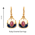 Ruby enamel earrings with gold-tone hardware, 2.4 cm drop, featuring oval gemstone and navy white design