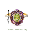 Peridot and amethyst flower ring with diamond accents, 1.3 cm wide, crafted in gold-tone setting