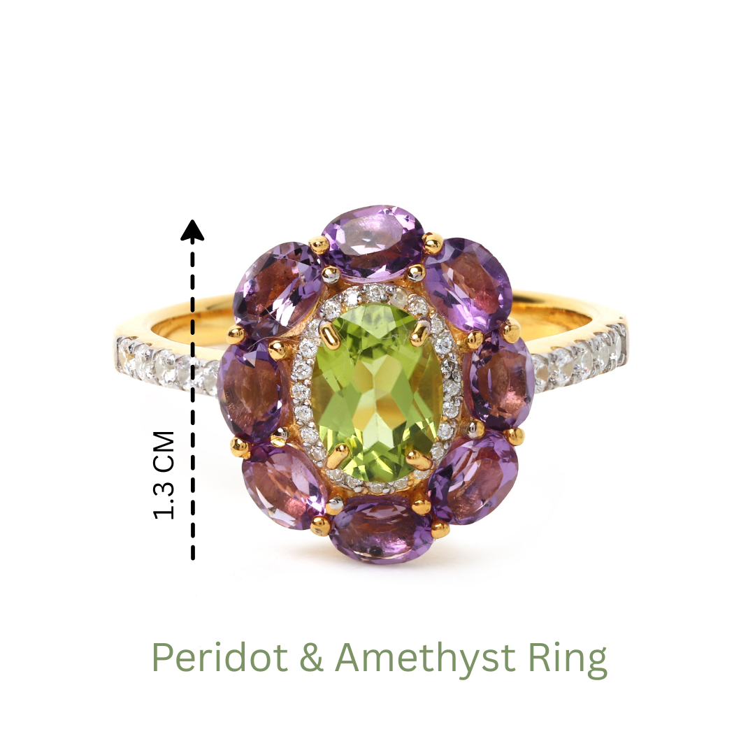 Elegant green peridot ring surrounded by purple amethyst gemstones