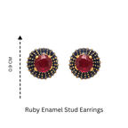 Ruby enamel stud earrings with gold dot detailing, 0.9 cm diameter, handcrafted silver jewelry
