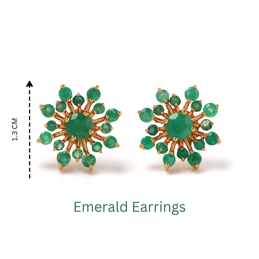 Detailed view of prong-set emerald gemstones in 925 sterling silver stud earrings with polished gold tone