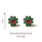 Emerald and ruby flower stud earrings, 0.8 cm, gold setting, gemstone jewelry