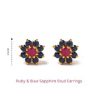 Ruby and blue sapphire flower stud earrings, 0.8 cm, gold-toned setting, gemstone jewelry