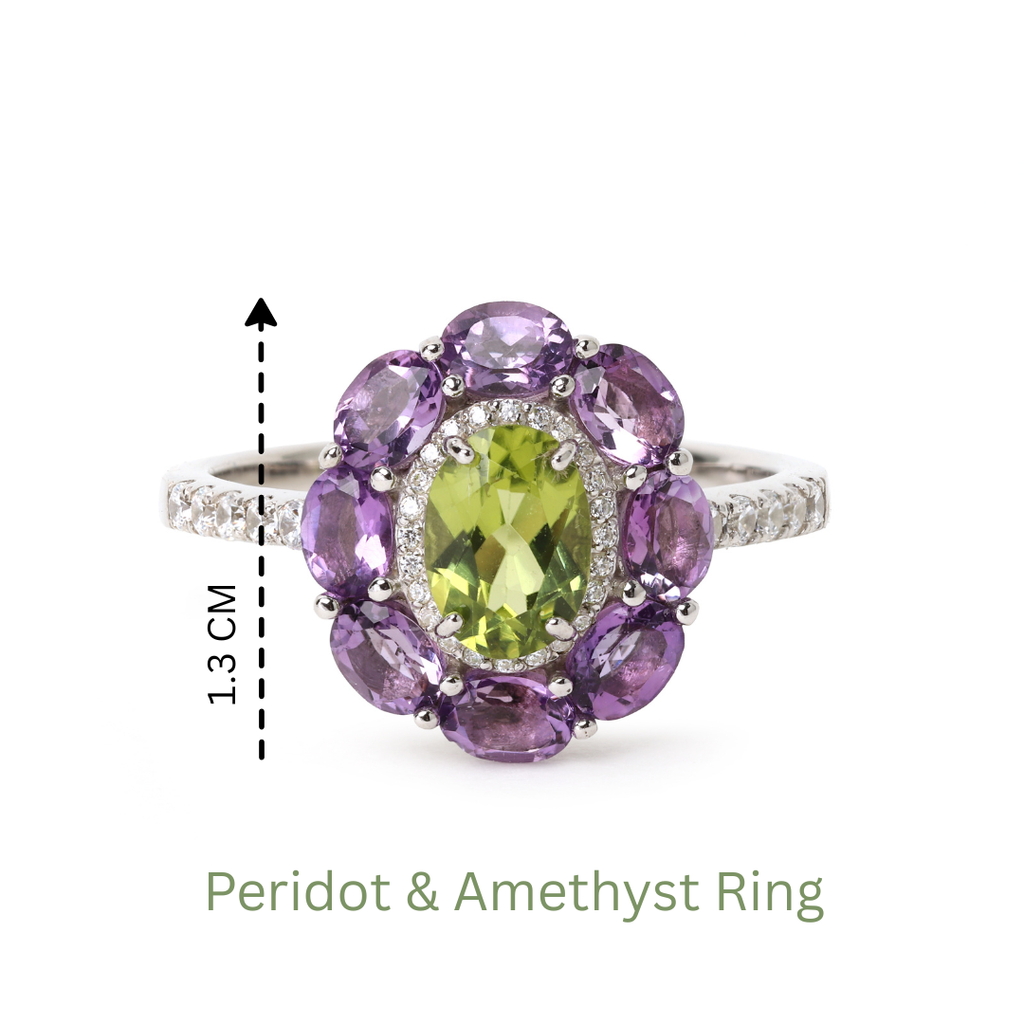 Elegant green peridot and purple amethyst statement ring
