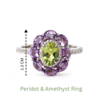 Peridot and amethyst flower ring in sterling silver, 1.3 cm wide, with diamond accents