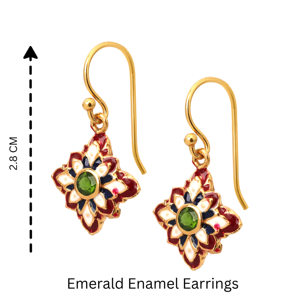 Women's emerald flower earrings featuring handcrafted enamel artistry