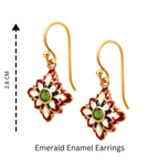 Gold flower earrings with emerald center and red, white, blue enamel, 2.8 cm drop