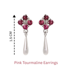 Pink tourmaline stud earrings with silver teardrop dangles, 1.5 cm length, gemstone jewelry