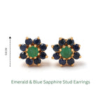 Emerald and blue sapphire flower stud earrings in gold, 0.8 cm diameter, gemstone jewelry