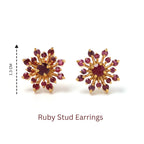 Ruby stud earrings with gold-tone sunburst design, 1.3 cm diameter, elegant gemstone jewelry