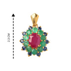 Gold pendant with oval ruby center, surrounded by emerald and sapphire gemstones, 2.3 cm tall