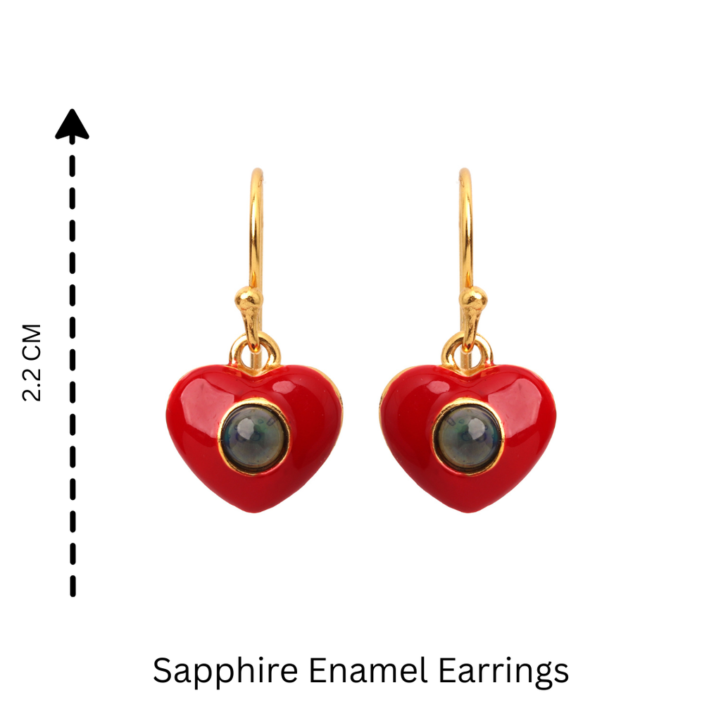 Women's sapphire heart earrings featuring artisan enamel craftsmanship