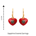 Red heart enamel earrings with sapphire center, gold hooks, 2.2 cm drop