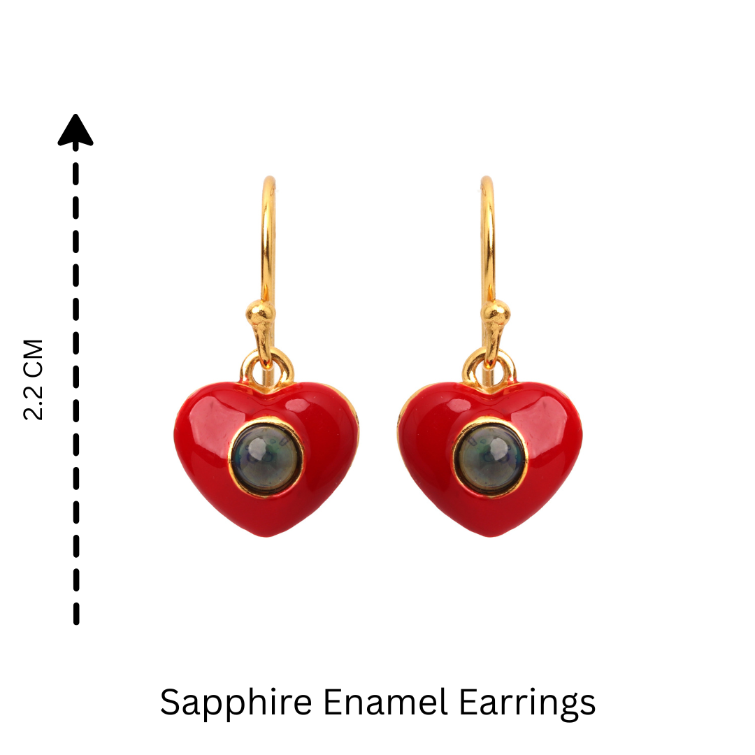 Women's sapphire heart earrings featuring artisan enamel craftsmanship