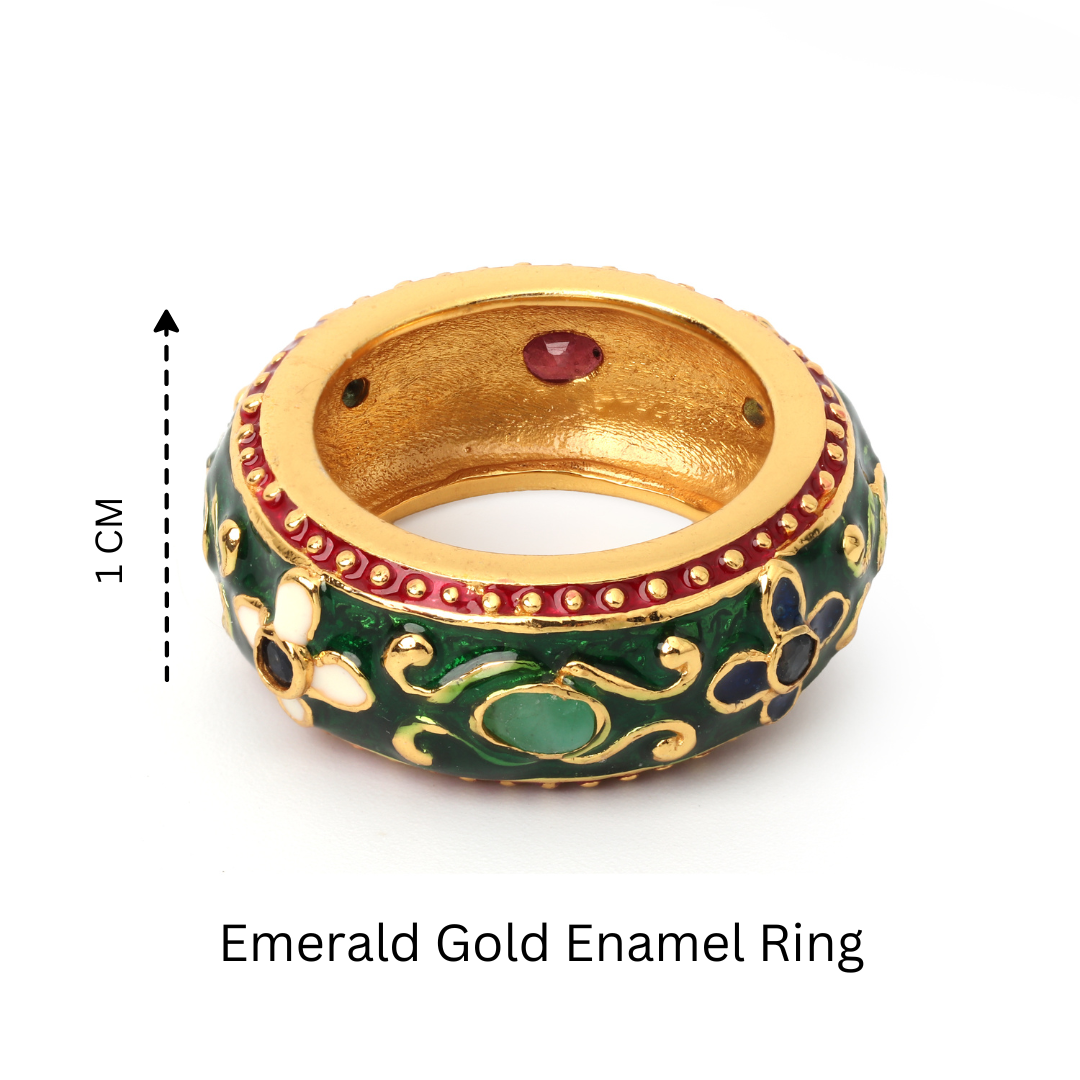 Luxury green enamel ring with natural emerald accents