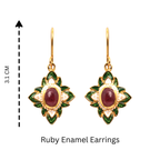 Ruby enamel earrings with green and white floral design, 3.1 cm drop, gold-tone hooks
