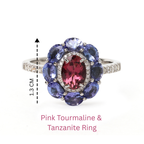 Pink Tourmaline and Tanzanite flower ring with diamond accents, 1.3 cm width