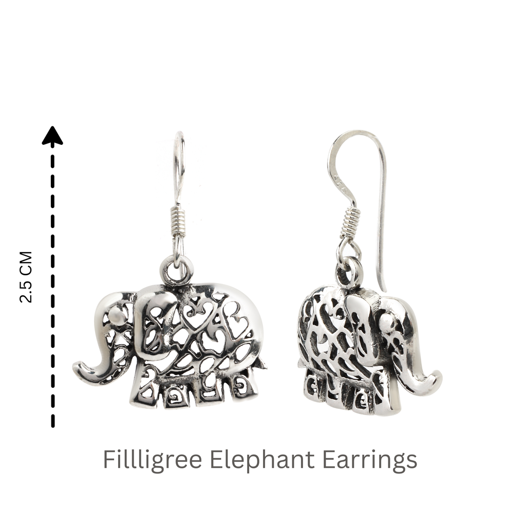 Handcrafted elephant earrings with filigree detailing