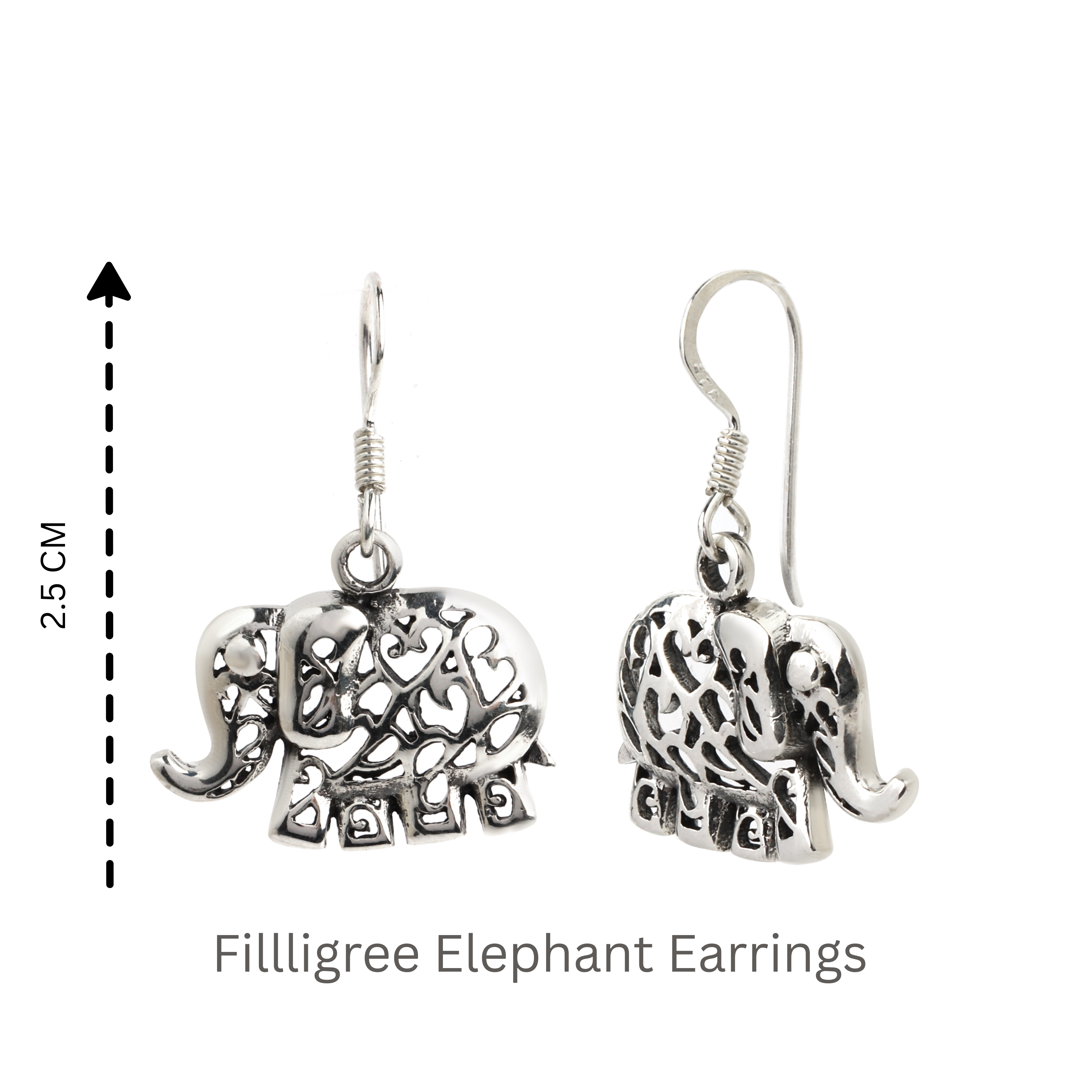 Handcrafted elephant earrings with filigree detailing