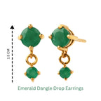 Emerald dangle drop earrings with gold setting, 1.5 cm length, handcrafted gemstone jewelry