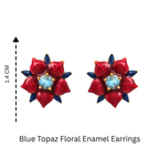 Blue topaz floral enamel stud earrings with red and blue petals, 1.4 cm diameter