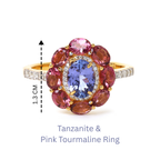 Tanzanite and pink tourmaline ring with diamond accents, 1.3 cm floral design