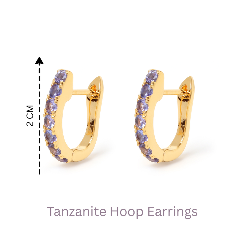 Tanzanite huggie hoop earrings in 18K gold — display view