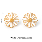 White enamel daisy stud earrings with gold-tone petals, 1.4 cm wide, elegant floral jewelry