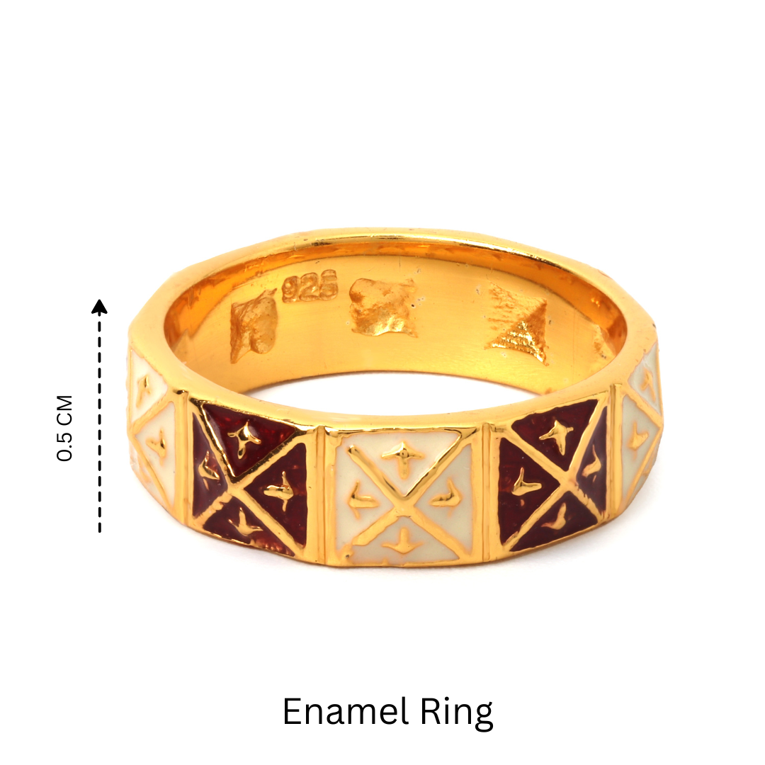 Contemporary geometric ring with red and white enamel details
