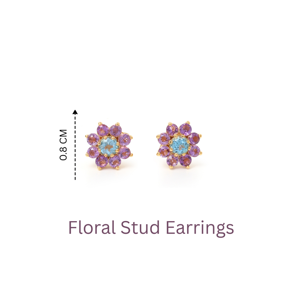 Blue Topaz & Amethyst Flower Stud Earrings in 18K Gold