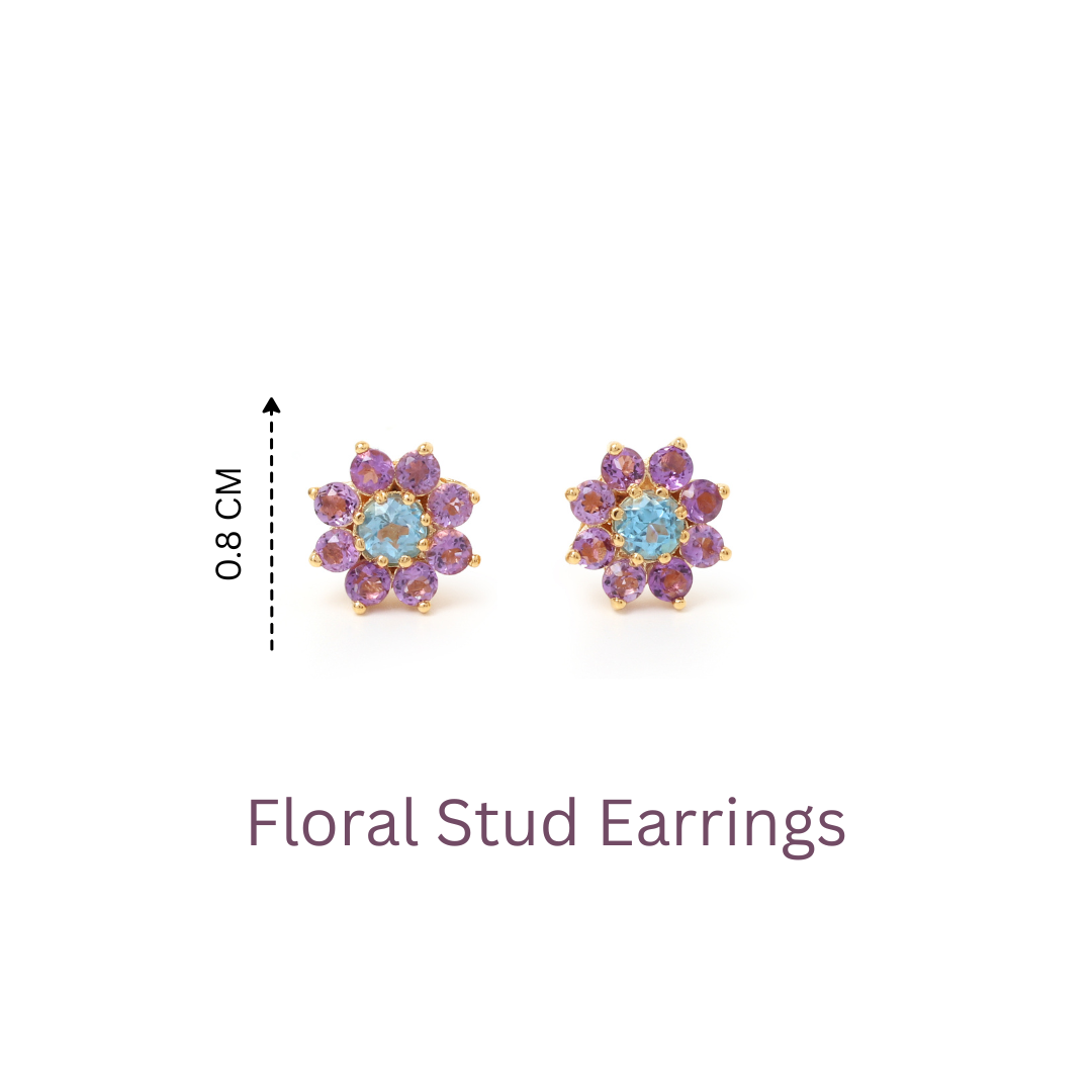 Blue Topaz & Amethyst Flower Stud Earrings in 18K Gold