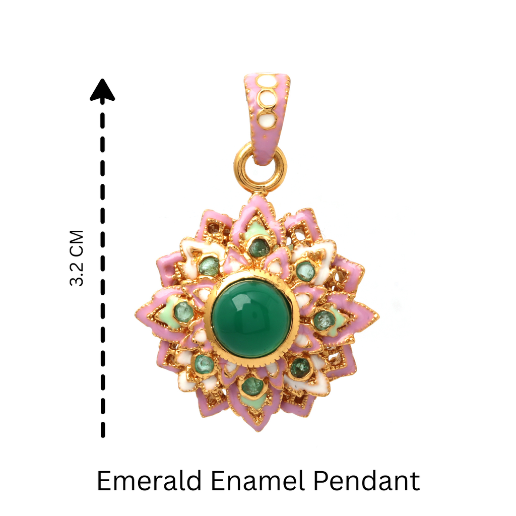 Handcrafted floral pendant in green, pink, white, and gold tones