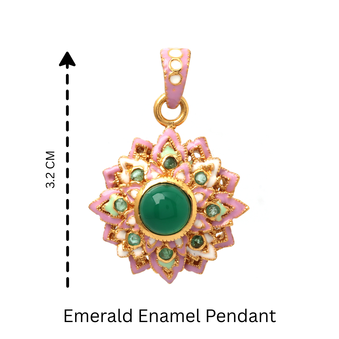 Handcrafted floral pendant in green, pink, white, and gold tones
