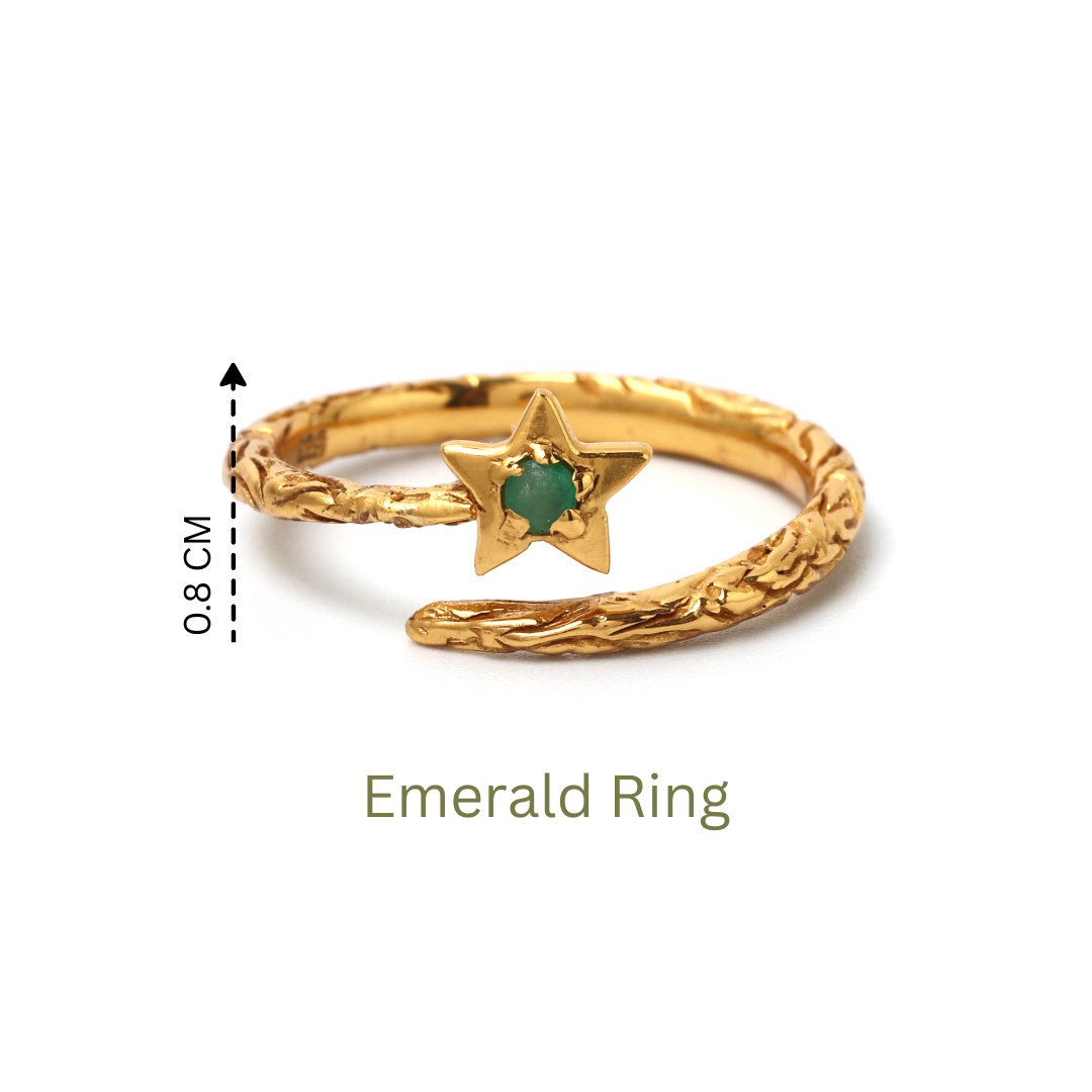 Delicate gold plated ring with natural emerald star centerpiece