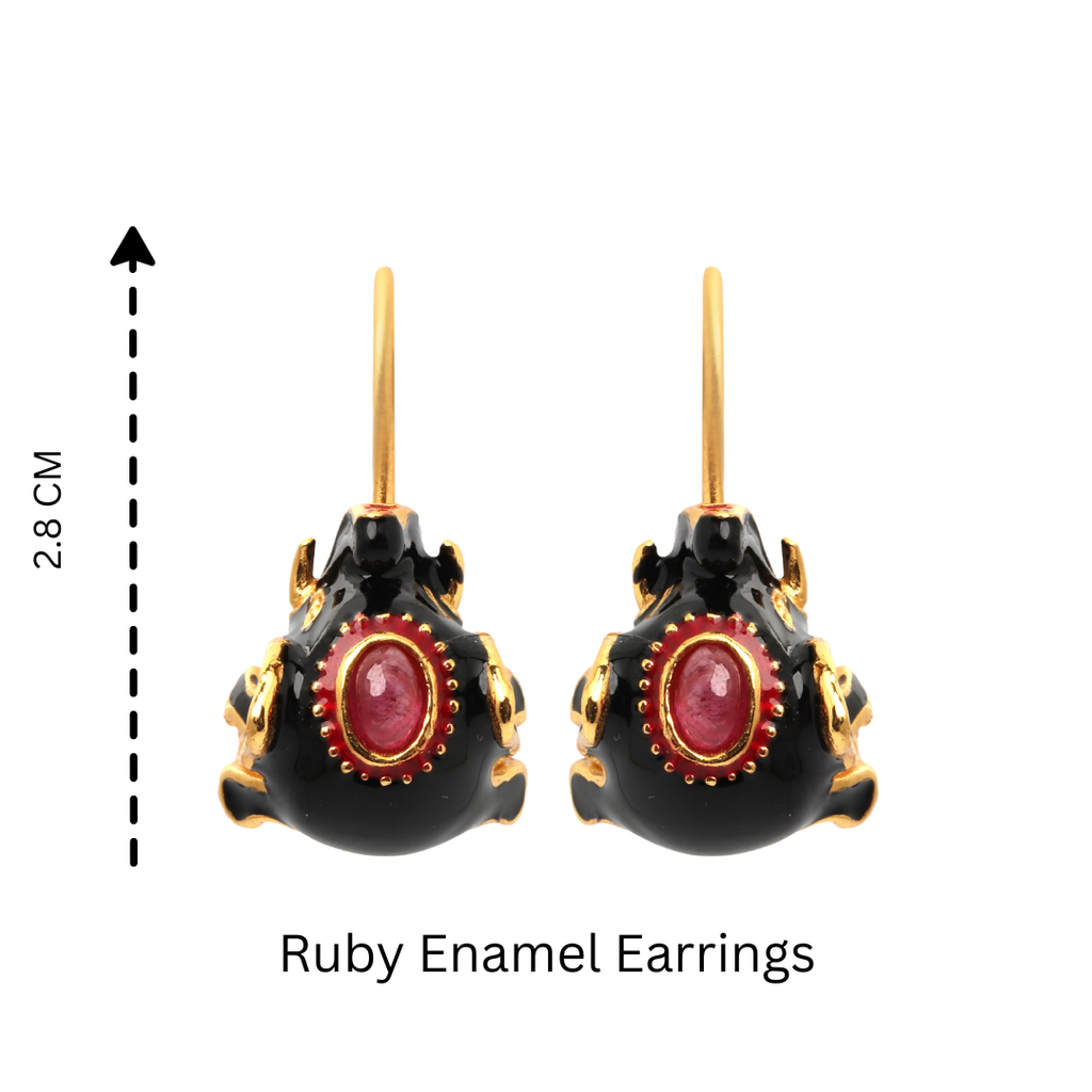 Artisan ruby earrings featuring glossy black enamel detailing