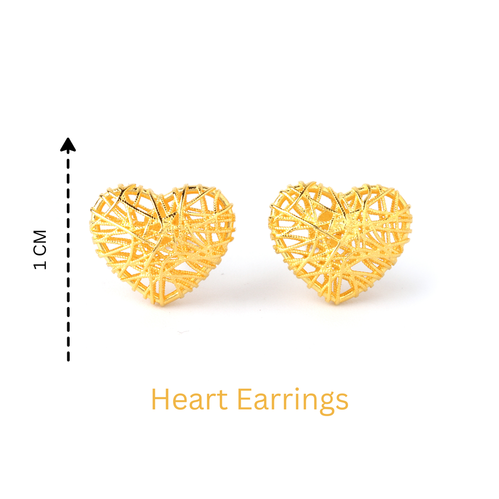 Front view of lightweight hypoallergenic silver heart stud earrings in gold finish by Jewelry by Crimson