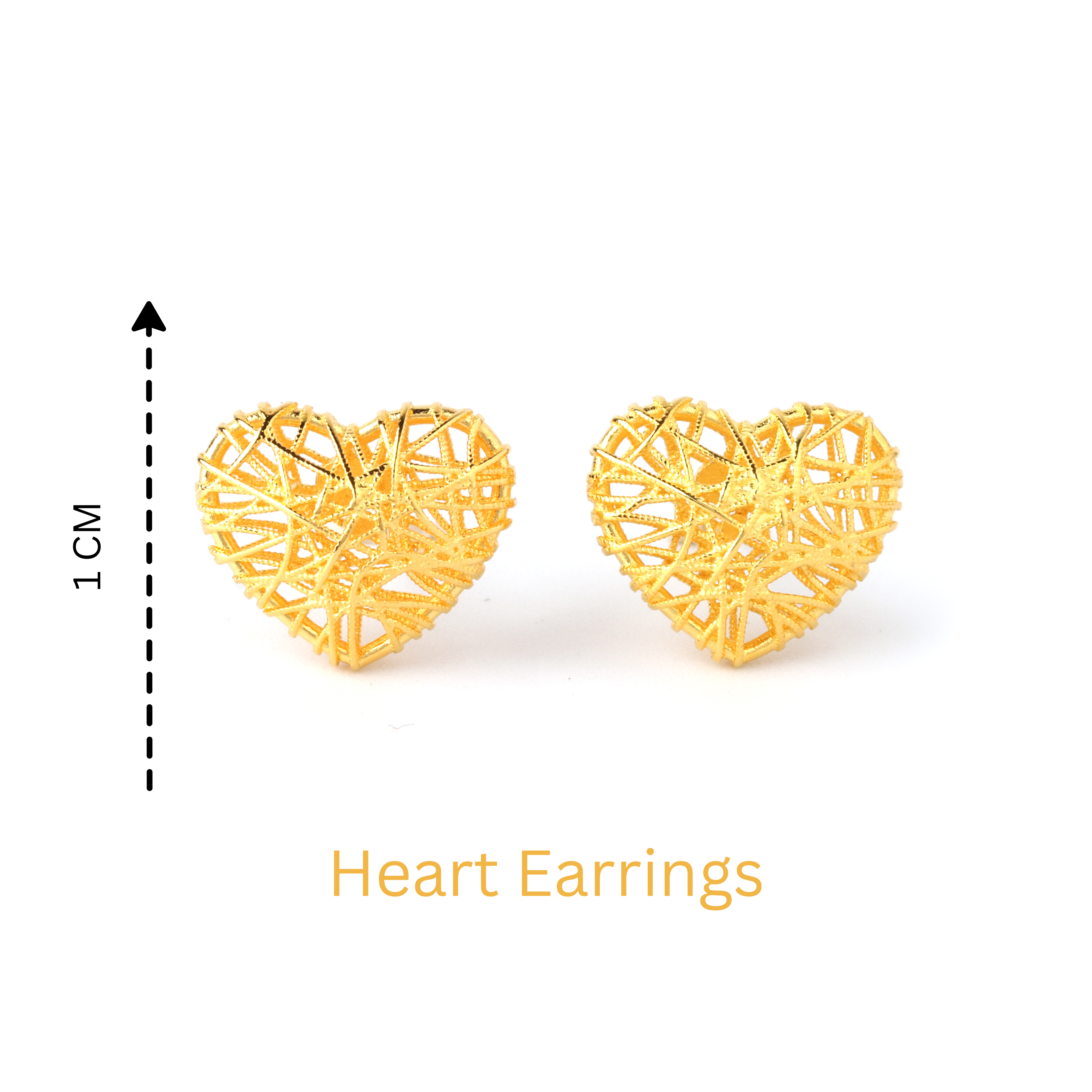 Front view of lightweight hypoallergenic silver heart stud earrings in gold finish by Jewelry by Crimson