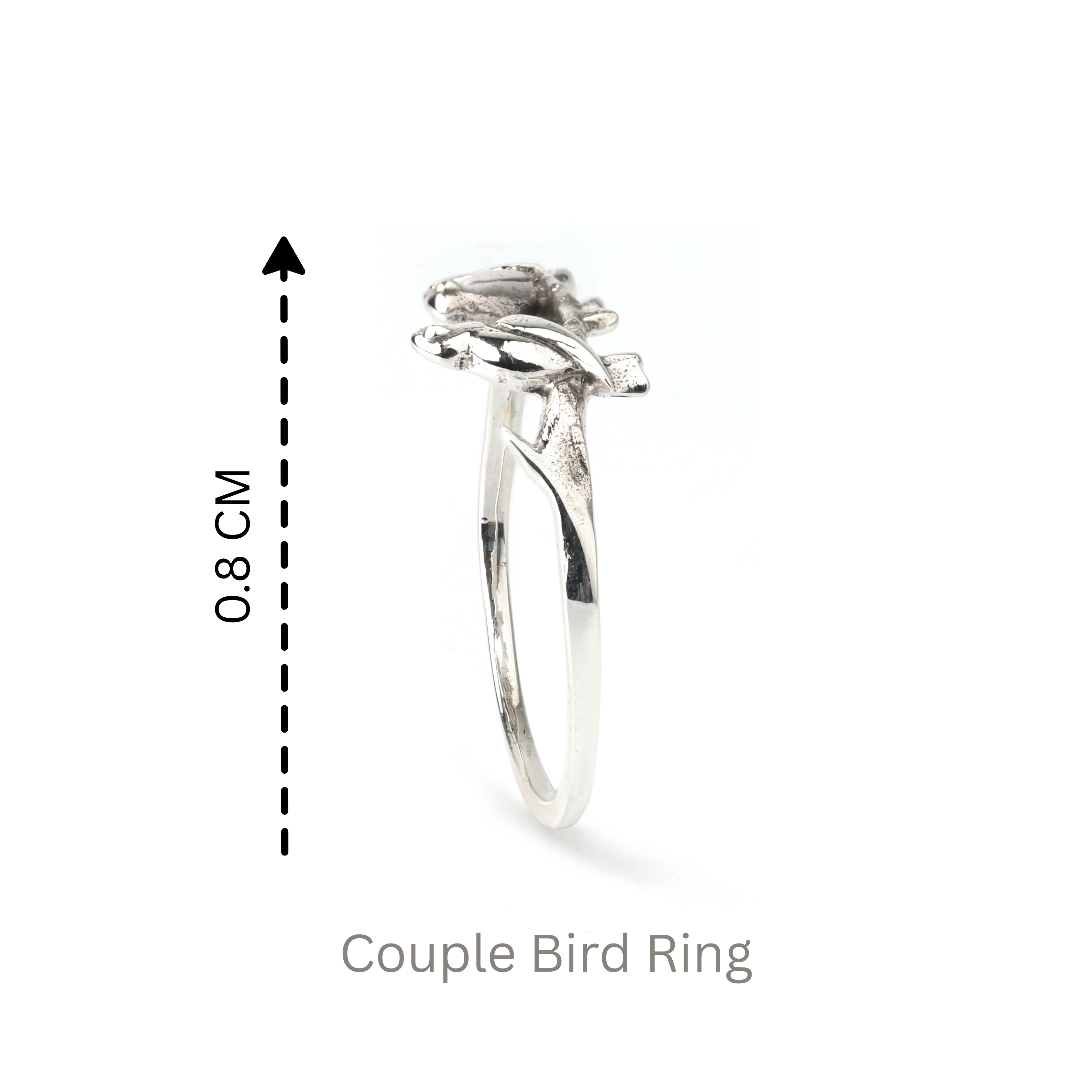 Detail view of sculpted twin birds on 925 sterling silver ring with smooth slim band