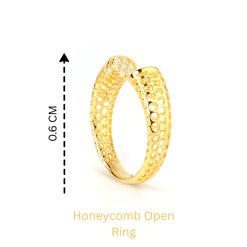 Detail view of hexagonal honeycomb texture and crystal ends on 925 silver open ring