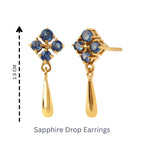 Gold sapphire drop earrings with 1.5cm teardrop design, handcrafted gemstone jewelry
