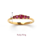 Gold ruby ring with five gemstones, 0.3cm height, elegant handmade jewelry design
