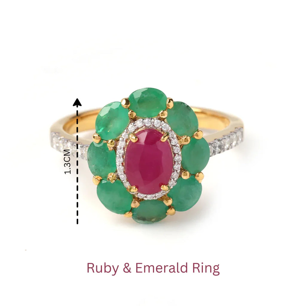 Modern ruby emerald ring with polished gold finish