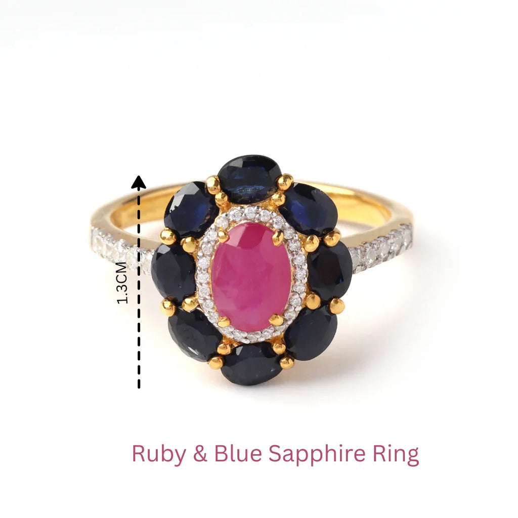 Modern ruby sapphire ring with polished gold finish