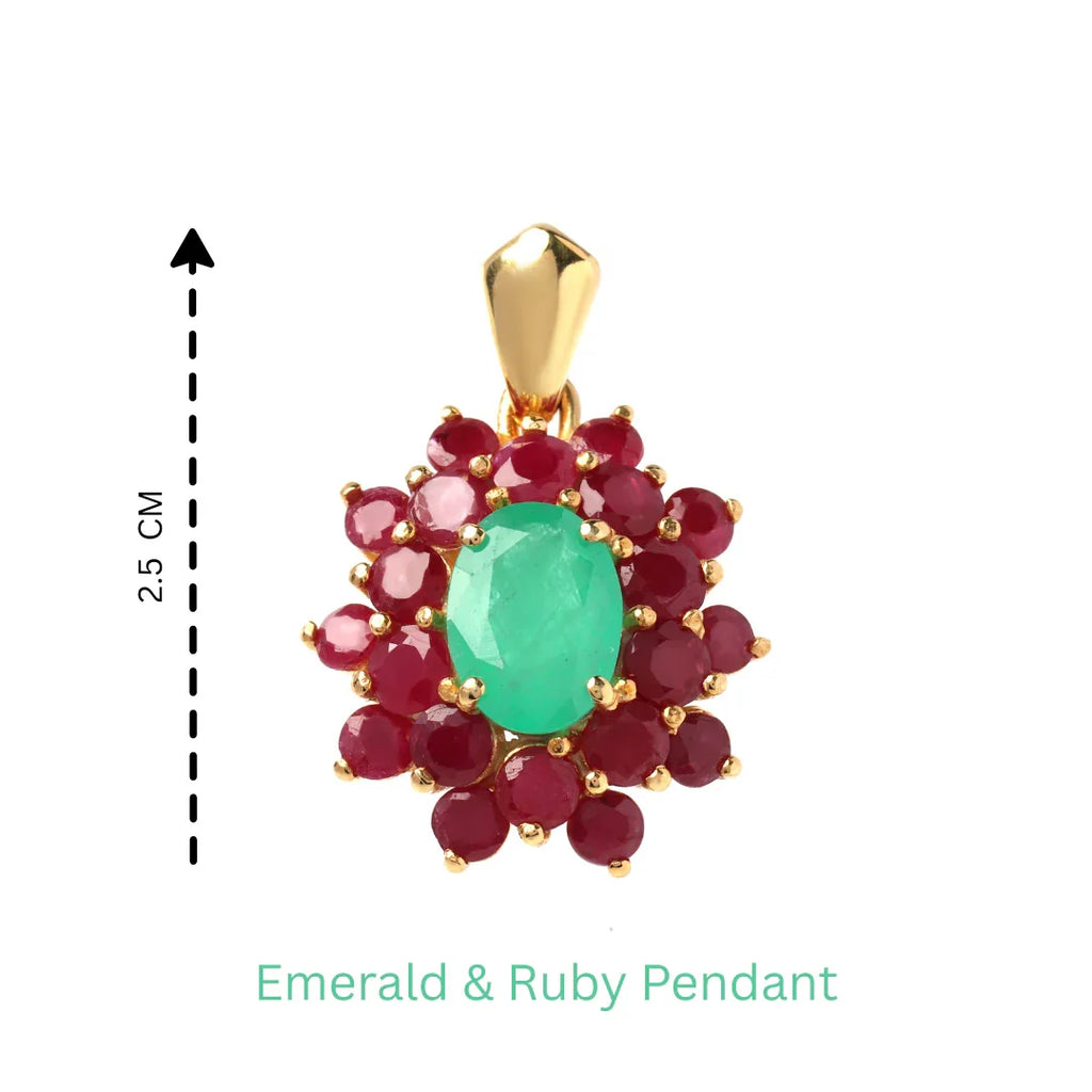 Floral emerald ruby pendant with polished gold finish
