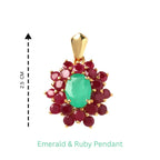 Oval emerald center surrounded by ruby gemstones in gold pendant, 2.5 cm tall, handcrafted jewelry