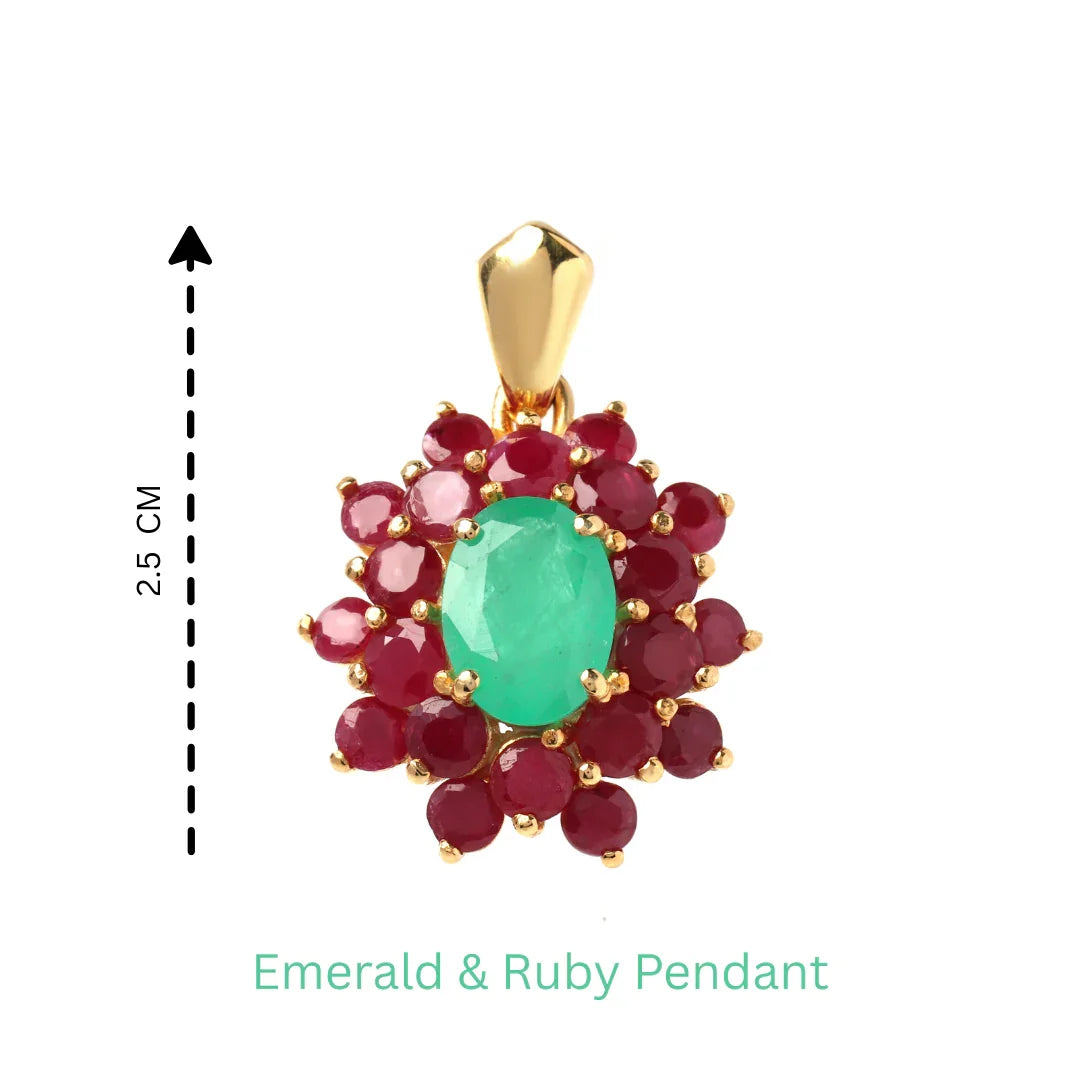 Floral emerald ruby pendant with polished gold finish