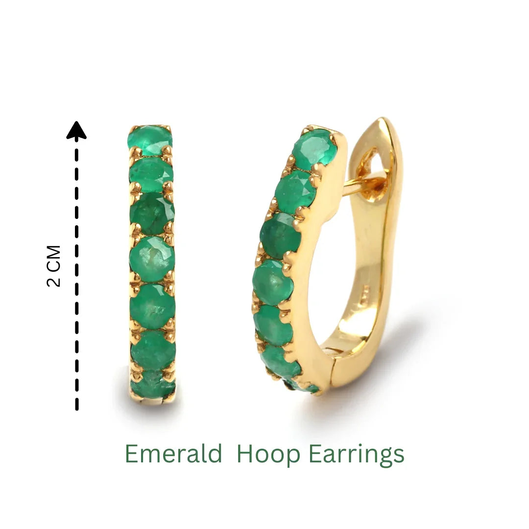 Gold plated emerald huggie earrings with green gemstones