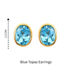 Oval blue topaz stud earrings in gold setting, 1.2 cm, handcrafted gemstone jewelry
