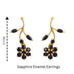 Gold-tone sapphire enamel earrings, 2.7 cm drop, floral branch design with deep blue stones